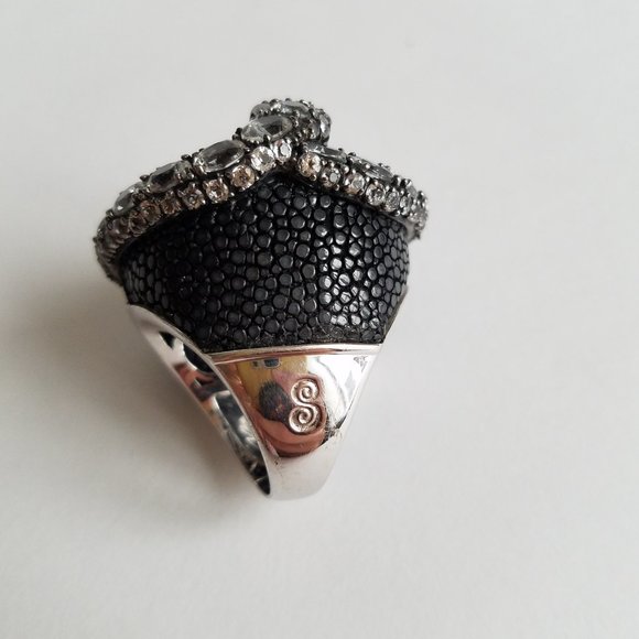 Women's Silver 925 Aquamarine Black Onyx Stingray Skin Snake Ring Size 8 - Picture 4 of 15